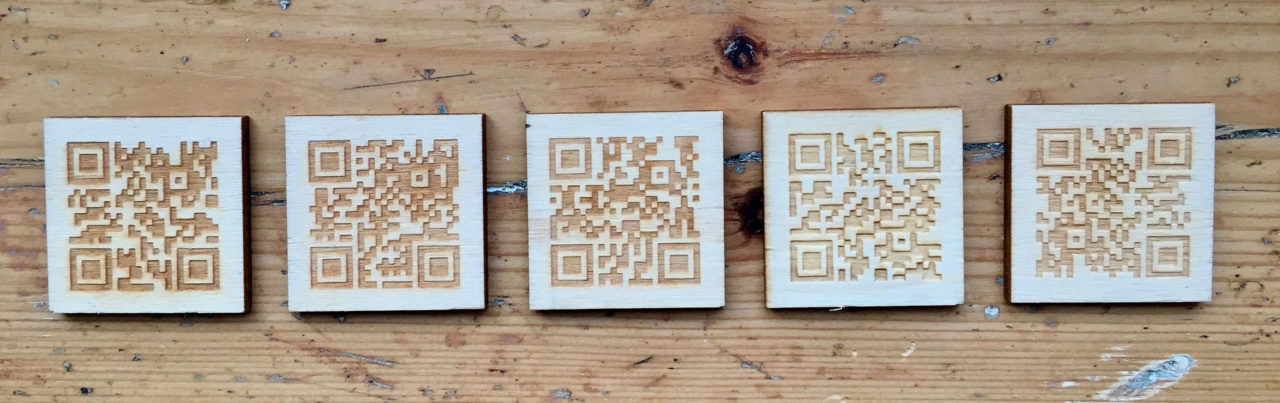 QR codes: laser etched wooden QR codes